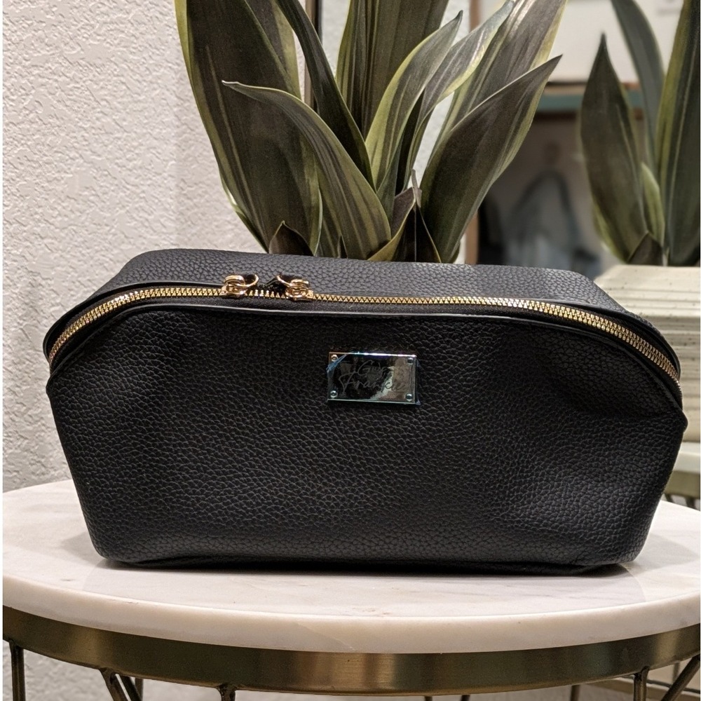 Gina Frankie Pebbled Vegan Leather‎ Makeup Bag Women Large Black Gold Zip Travel